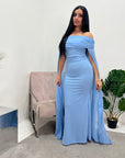 Zel Sky Blue Off Shoulder Mesh Cape Premium Elegant Dress