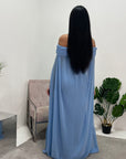 Zel Sky Blue Off Shoulder Mesh Cape Premium Elegant Dress