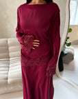 Myrah Wine Lace Detail Modest Skirt Co Ord Set