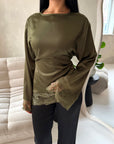 Hayat Olive Green Satin Tie back Lace Detail Top