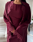 Amara Wine Lace Detail Two Peice Co Ord Abaya Set