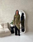 Beyi Olive Lace Assymetrical Satin Midi Dress
