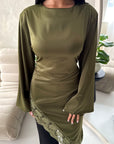 Beyi Olive Lace Assymetrical Satin Midi Dress