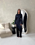 Beyi Navy Lace Assymetrical Satin Midi Dress