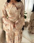 Nadine Camel Summer Palm Print Ruffle Dress