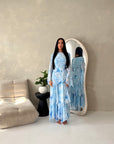 Nadine Pastel Blue Summer Palm Print Ruffle Dress