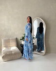 Nadine Royal Blue Summer Palm Print Ruffle Dress