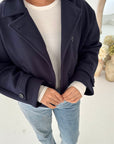 Aura Navy Cropped Pocket Trench Coat