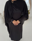 Roselle Black Gold Buckle Mesh Cape Dress