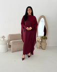 Roselle Wine Gold Buckle Mesh Cape Dress