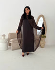 Roselle Brown Gold Buckle Mesh Cape Dress