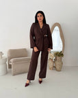 Livia Dark Brown Gold Buckle Wrap Blazer & Trouser Co Ord Set