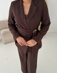 Livia Dark Brown Gold Buckle Wrap Blazer & Trouser Co Ord Set