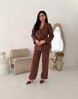 Livia Brown Gold Buckle Wrap Blazer & Trouser Co Ord Set