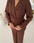 Livia Brown Gold Buckle Wrap Blazer & Trouser Co Ord Set