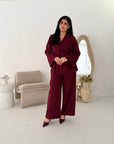 Anna Wine V Neck Pleated Front Tie Co Ord Set