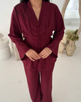 Anna Wine V Neck Pleated Front Tie Co Ord Set