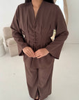 Anna Brown V Neck Pleated Front Tie Co Ord Set