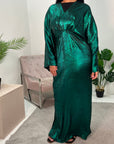 Zoya Emerald Green V Neck Metallic Belted Drape Dress