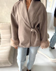 Amara Mocha Fur Cuff Wrap Buckle Belted Coat