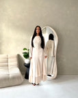 Mysa Beige Mesh Lined Frill Detail Modest Dress