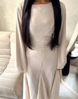 Mysa Beige Mesh Lined Frill Detail Modest Dress