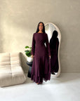 Mysa Plum Mesh Lined Frill Detail Modest Dress