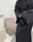 Lara Black Satin Waist Detail Modest Dress