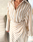 Ina Beige Summer Striped Waist Wrap Shirt Dress