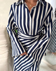 Ina Navy Summer Striped Waist Wrap Shirt Dress