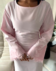 Elara Pink Plain Lace Sleeve Detail Modest Dress