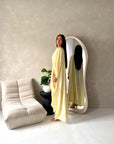 Sahra Yellow Satin Shoulder Gather Kaftan Dress
