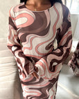 Via Brown Mesh Swirl Print Lined Summer Dress
