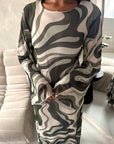 Via Khaki Mesh Swirl Print Lined Summer Dress