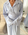Riva Blue Stripe Waist Tie Cinch Summer Shirt Dress