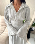 Riva Khaki Stripe Waist Tie Cinch Summer Shirt Dress