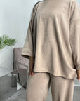 Salia Beige Ribbed Soft Plain Loungewear Set