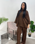 Salia Chocolate Ribbed Soft Plain Loungewear Set