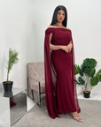 Zel Wine Off Shoulder Mesh Cape Premium Elegant Dress
