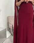 Zel Wine Off Shoulder Mesh Cape Premium Elegant Dress