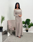 Aafia Mocha Elegant Off Shoulder Maxi Dress