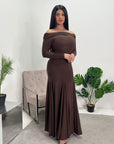 Aafia Brown Elegant Off Shoulder Maxi Dress