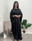 Amna Black Satin Leaf Print Kaftan Dress
