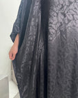 Amna Black Satin Leaf Print Kaftan Dress