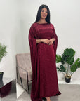 Amna Wine Satin Leaf Print Kaftan Dress