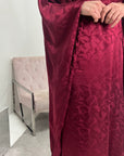 Amna Wine Satin Leaf Print Kaftan Dress