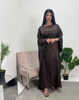 Amna Brown Satin Leaf Print Kaftan Dress