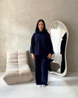 Elika Navy Soft Batwing Top Elasticated Cuff Trouser Co Ord Set
