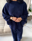 Elika Navy Soft Batwing Top Elasticated Cuff Trouser Co Ord Set