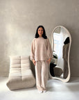 Elika Beige Soft Batwing Top Elasticated Cuff Trouser Co Ord Set